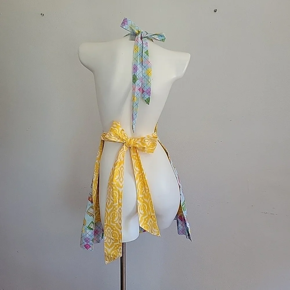 Handmade Halter Apron Retro Campers Damask Print Reversible Self‎ Tie Mod Foodie